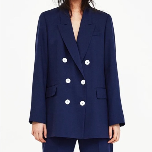 ZARA Woman Oversized Navy Double Breasted Blazer with Pearl Buttons Size Small - Picture 1 of 10